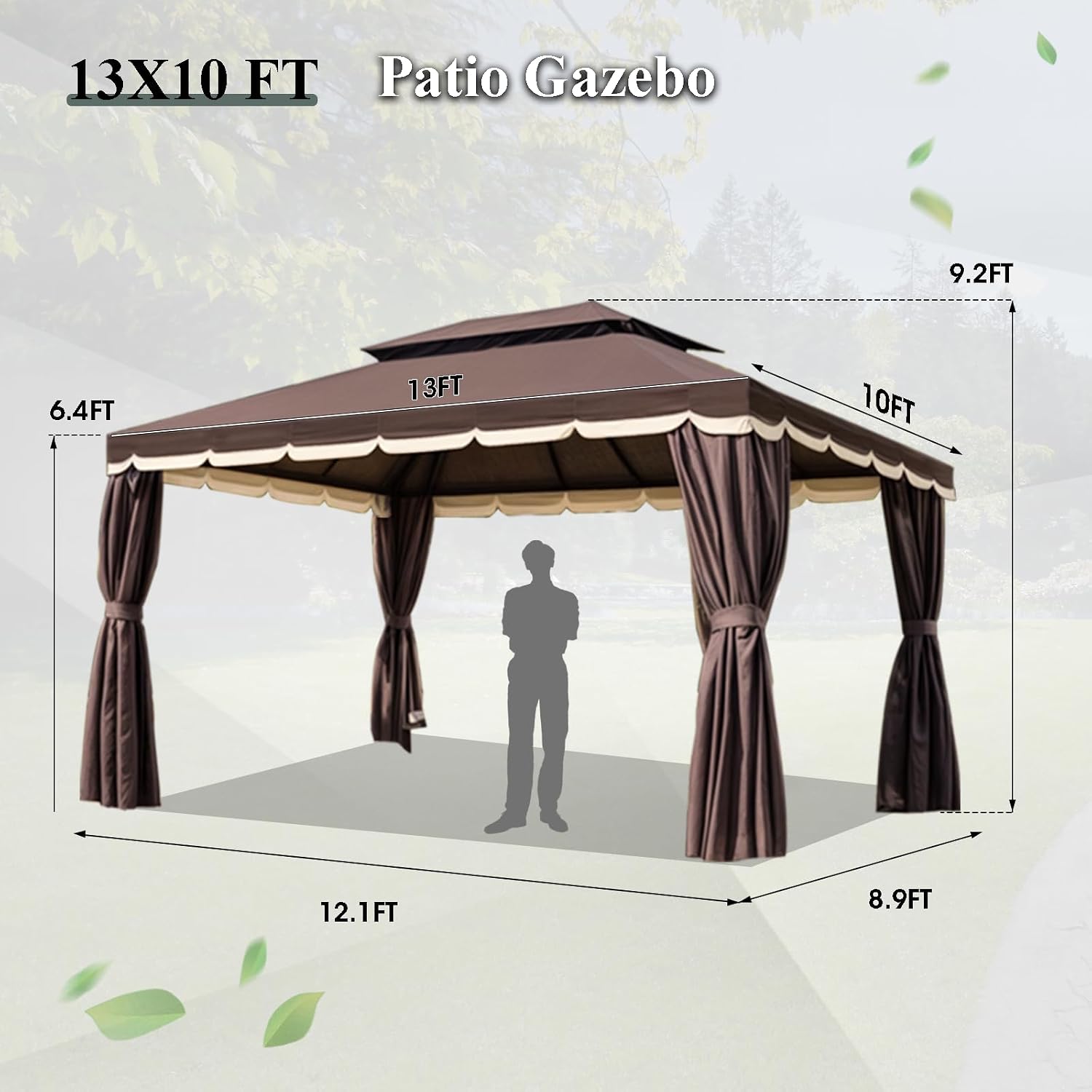 Gazebo for Patio, Outdoor 10x13 Gazebo Canopy Tent with Mosquito Netting & Curtains, Party Tent Shelter with Waterproof Double Vented Roof for Garden, Deck, Backyard, Lawn (Brown)
