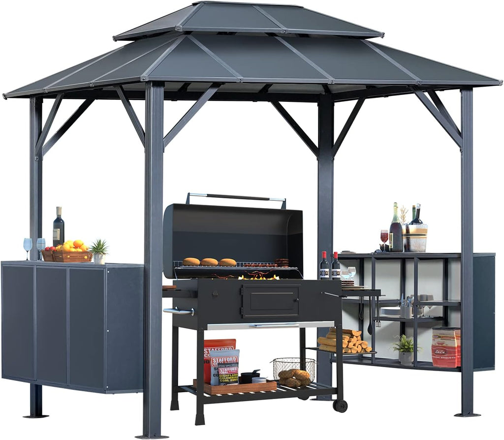 MELLCOM Grill Gazebo 8 x 6 FT Permanent Outdoor Aluminum Patio Gazebo with Aluminum Composite Double Roof for Patio Lawn and Garden with Ceiling Hooks and Shelves