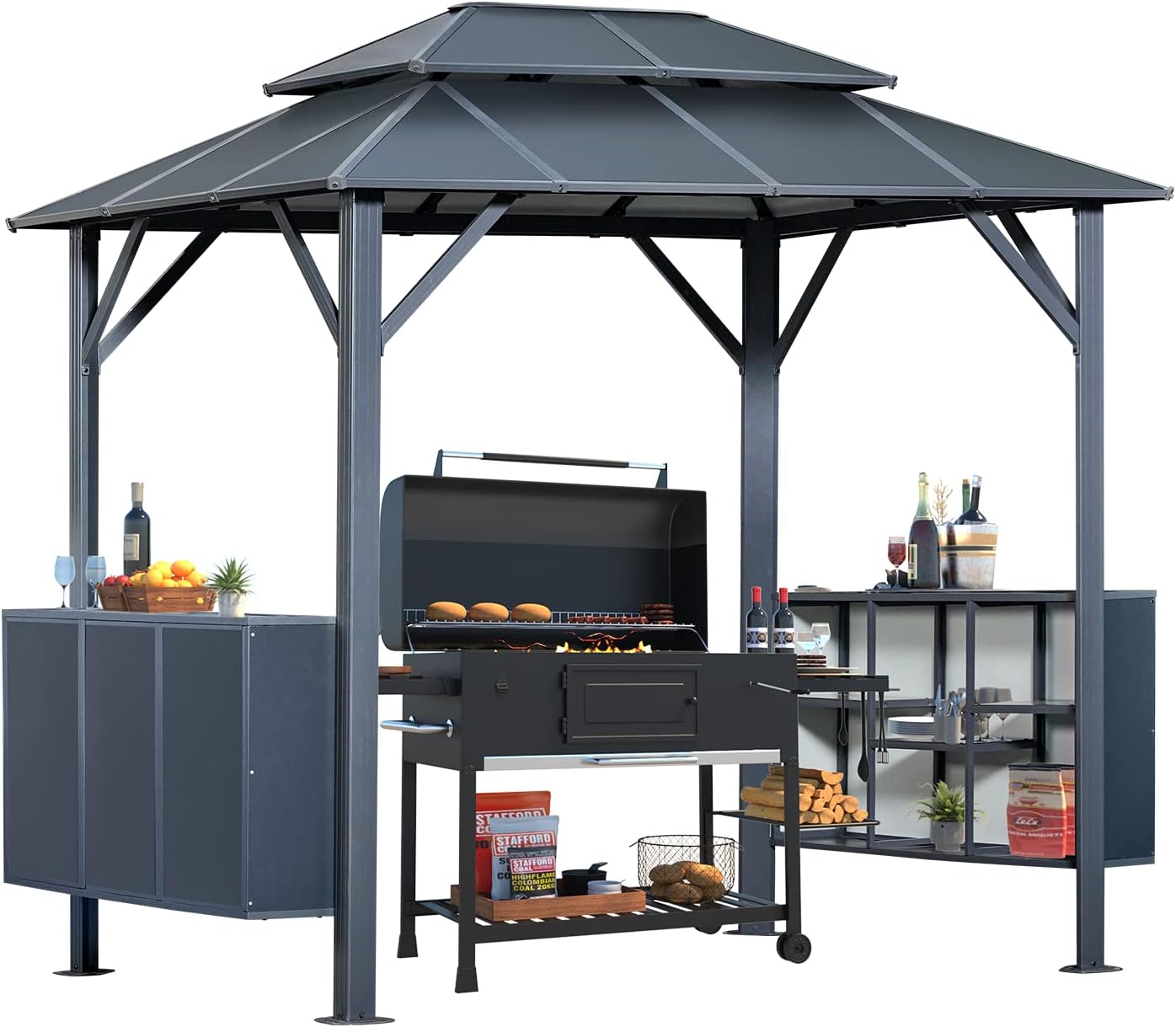 MELLCOM Grill Gazebo 8 x 6 FT Permanent Outdoor Aluminum Patio Gazebo with Aluminum Composite Double Roof for Patio Lawn and Garden with Ceiling Hooks and Shelves
