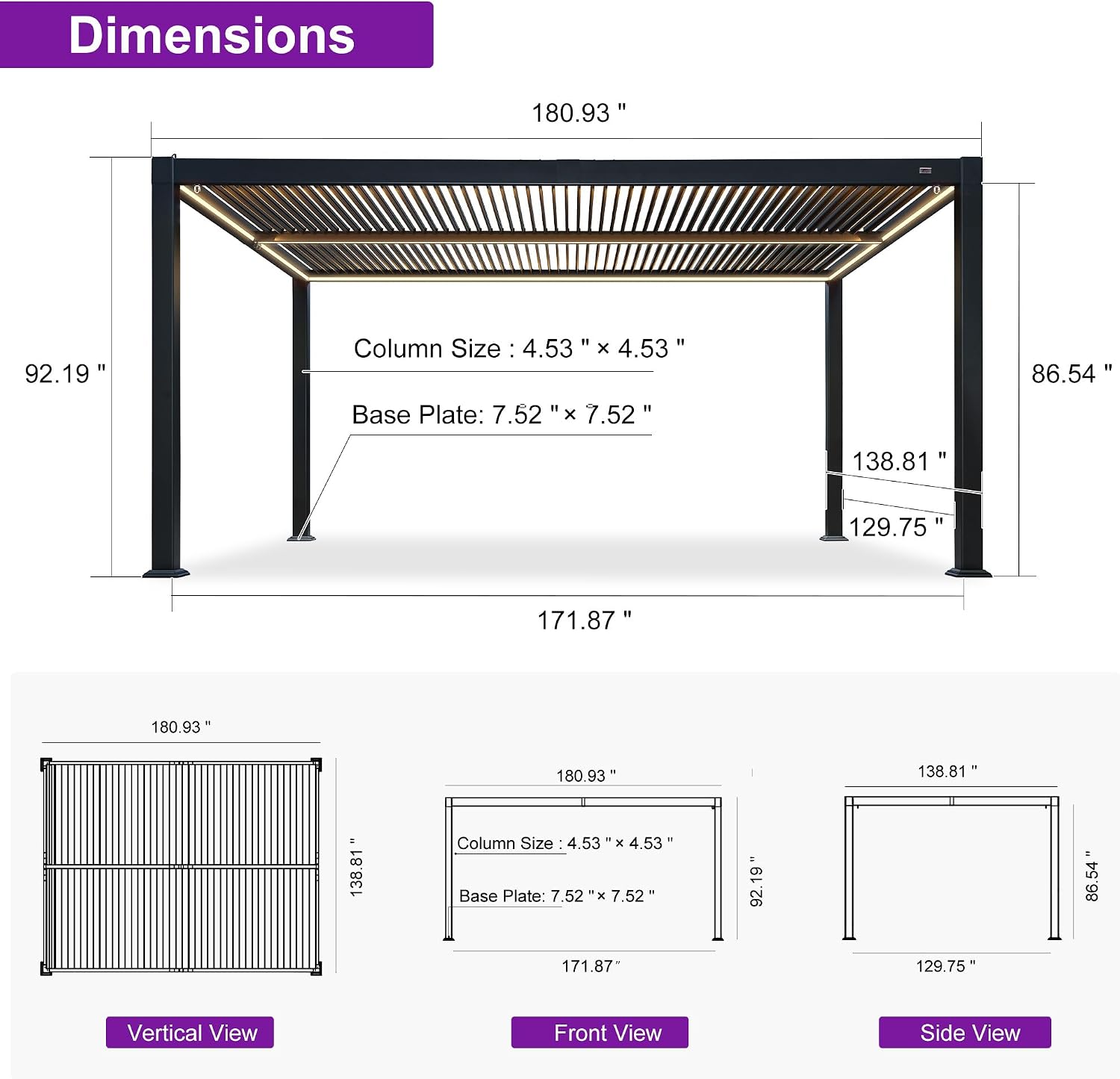 PURPLE LEAF Solar Louvered Pergola 92KS 11' x 15' with Dimmable LED Strip and Control Panel Adjustable Aluminum Waterproof Roof Outdoor Modern Pergolas for Patio Deck Gray