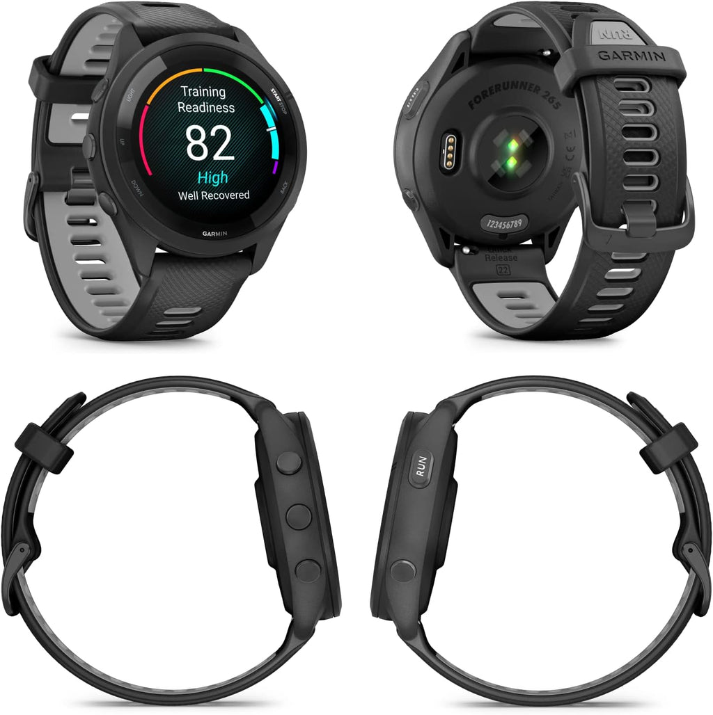 Garmin Forerunner 265 Music GPS Running 46 mm Smartwatch, Black with AMOLED 1.3 in Touchscreen Display White Earbuds Bundle, Black +Wht EarBuds
