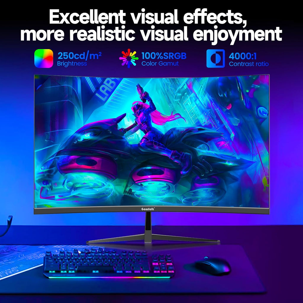 Gawfolk 32 Inch Curved Gaming Monitor 240Hz, 1800R PC Monitor Full HD 1080P, Frameless Computer Dispaly with Freesync and Eye Care Technology, Wall Mountable