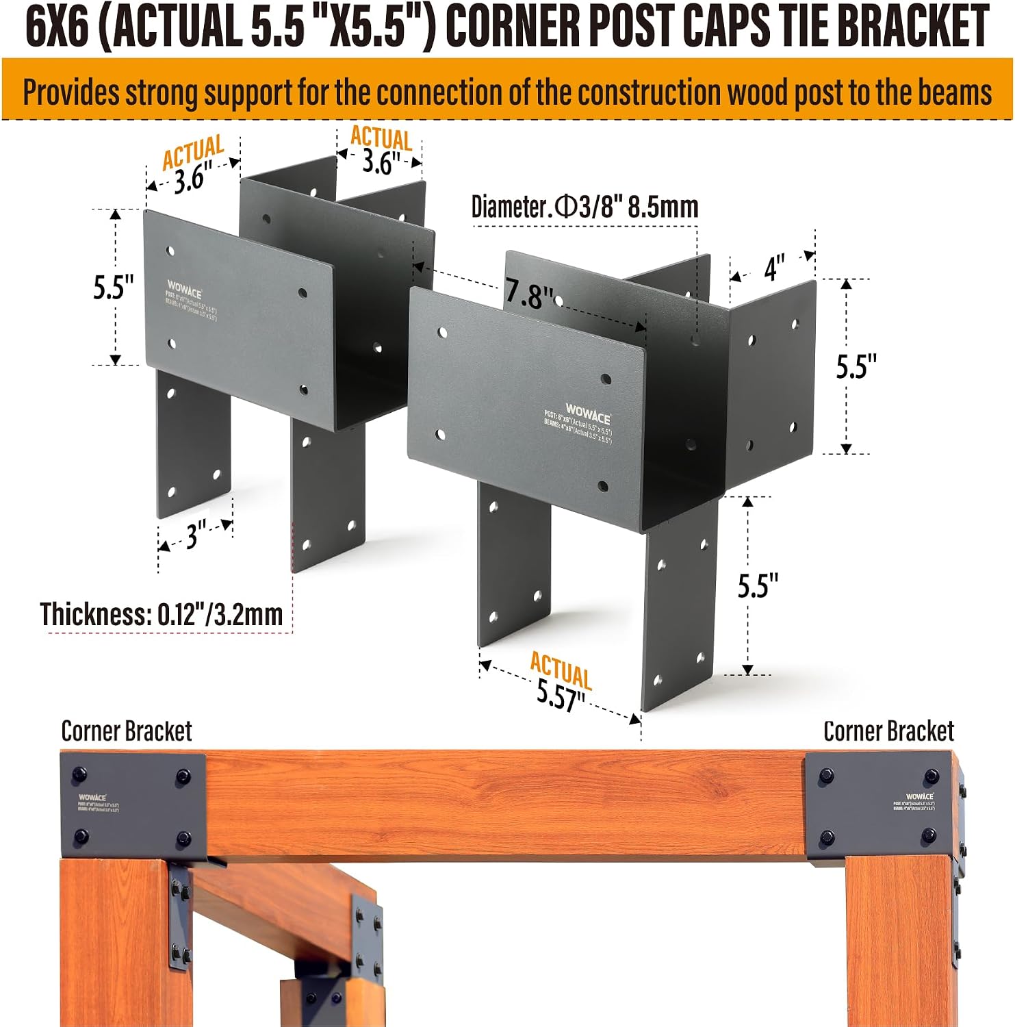 2 Pack 4x6 (Actual 3.5'x5.5') Heavy Duty Stainless Steel Pergola Brackets - Corner Post to Beam Connector for Gazebos, Patio Decks, Porches - Wood Post Cap Tie Bracket (Dark Gray)
