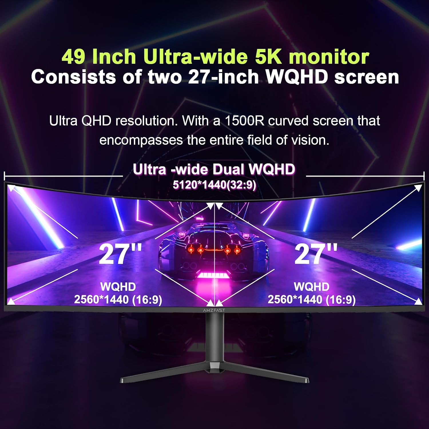 Amzfast 49 Inch Curved Monitor 120Hz DQHD (5120x1440) Ultrawide Gaming Monitor, 120% sRGB, 1500R, 1ms MPRT, HDR, Adaptive Sync, PIP/PBP, Height Adjustable, HDMI 2.0/DP 1.4, VESA 75x75, AMZG49C7U
