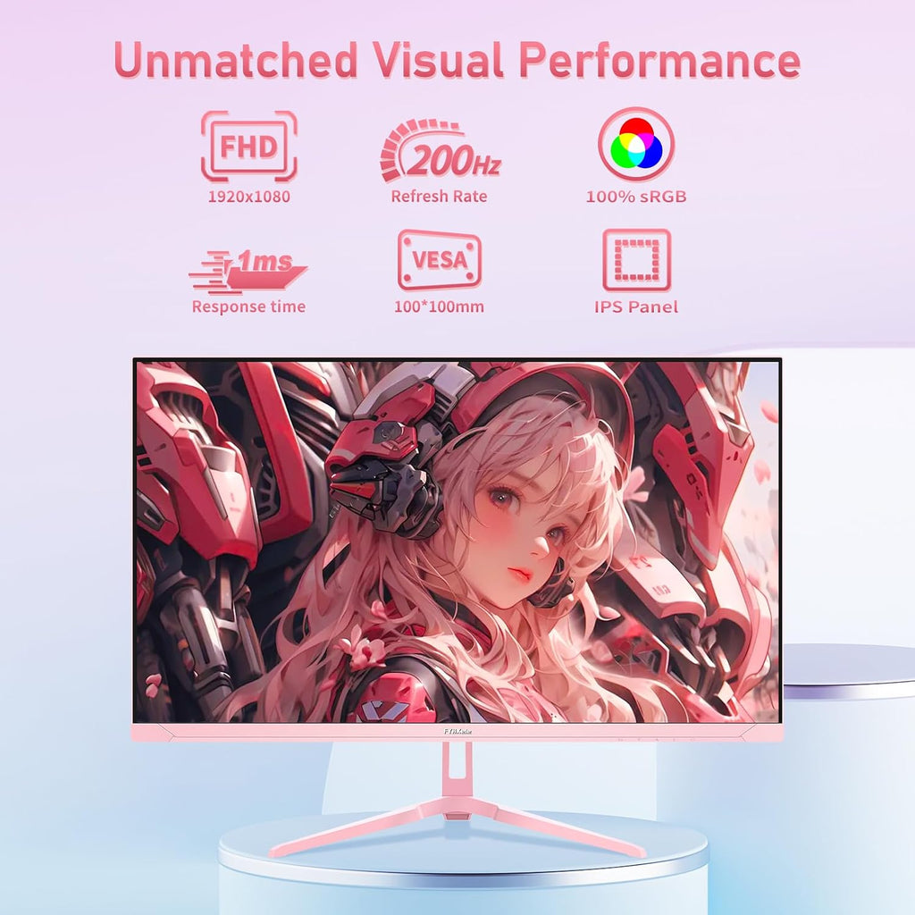 FYHXele 24 inch 200Hz Gaming Monitor, FHD 1080P Fast IPS PC Gaming Monitor, 1ms, freesync, 99% sRGB, USB/DisplayPort/HDMI/Eye Care/VESA Mountable-Pink