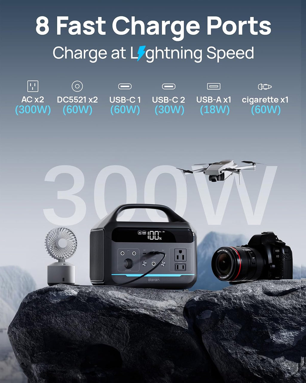 DARAN Portable Power Station 300W (Peak 600W),LiFePO4 Battery,192Wh Solar Generator(Solar Panel Optional), 2 AC Outlets, 60W USB-C PD Output, Outdoor Generator for Camping Travel Hunting Blackout