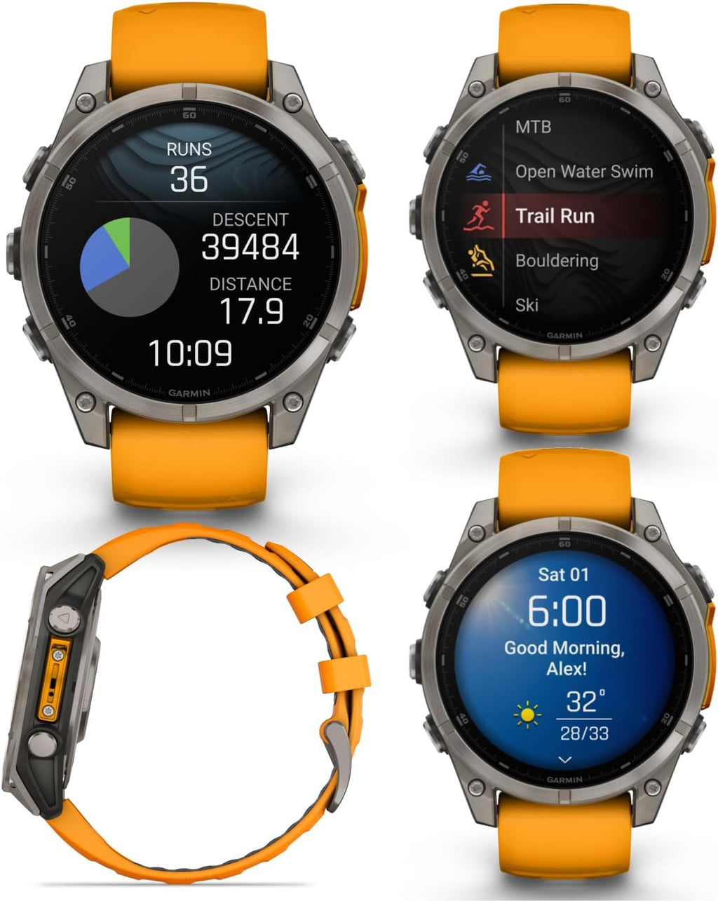 Garmin Fenix 8 – 47 mm, AMOLED Sapphire Multisport GPS Smartwatch, Titanium with Spark Orange/Graphite Silicone Band, Built-in LED Flashlight with Black Earbuds Bundle