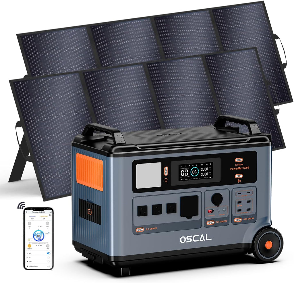OSCAL PowerMax 6000 Solar Generator with 2x400W Solar Panel, 120V/240V Portable Power Station 6000W AC Outlets (9000W Peak), 2200W AC Charging/2400W PV Charging for Home, Emergency