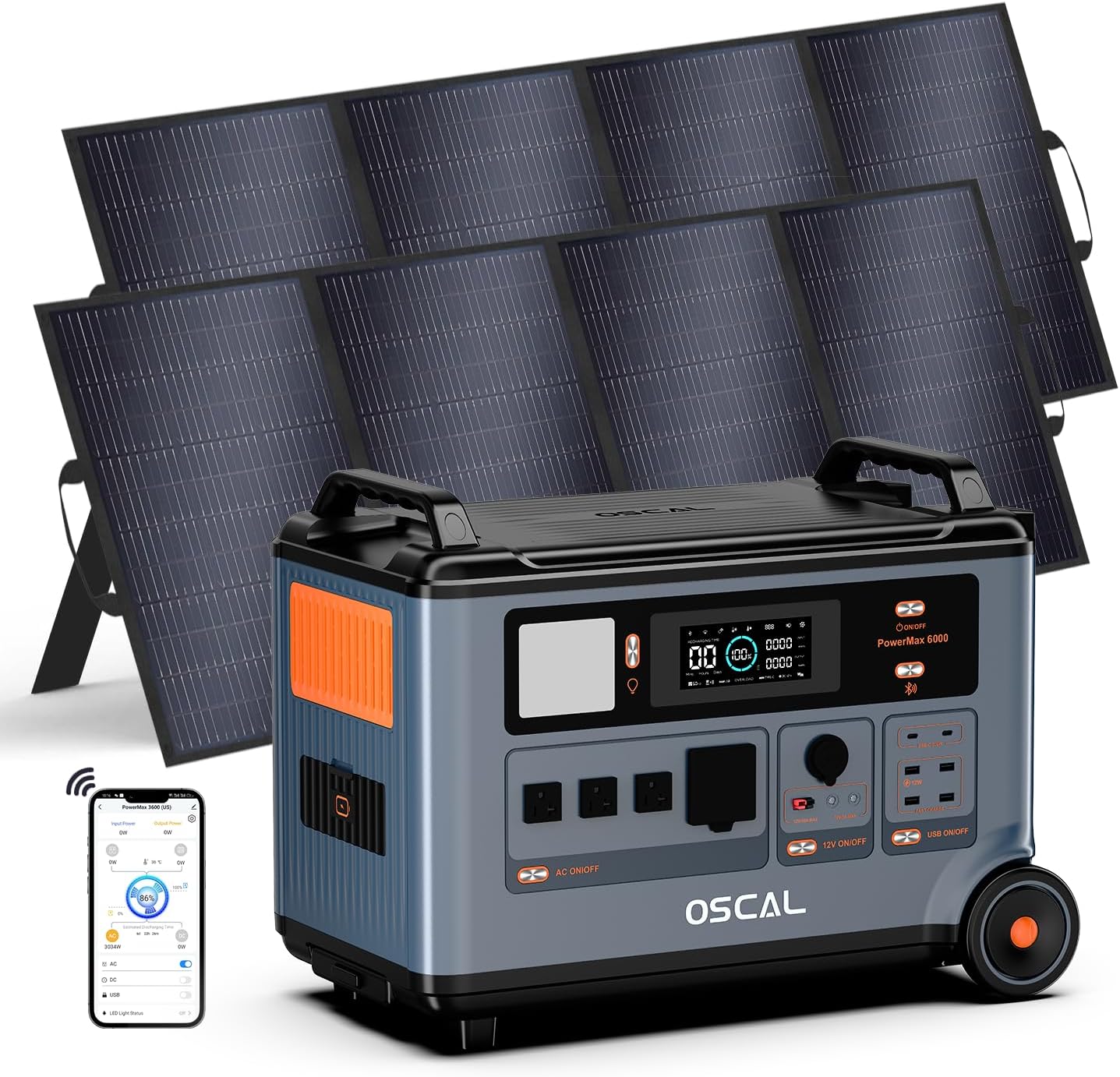 OSCAL PowerMax 6000 Solar Generator with 2x400W Solar Panel, 120V/240V Portable Power Station 6000W AC Outlets (9000W Peak), 2200W AC Charging/2400W PV Charging for Home, Emergency