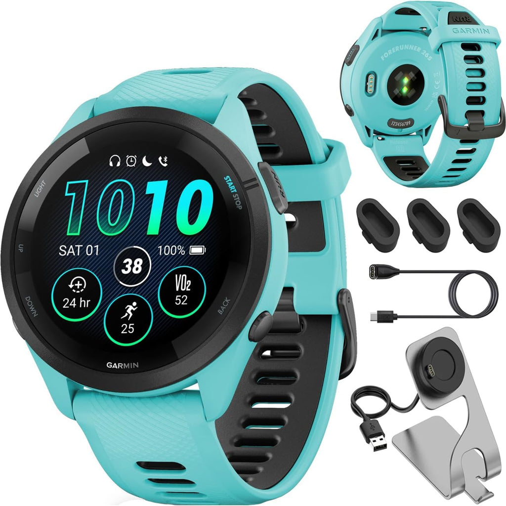 Garmin Forerunner 265 GPS Smartwatch, Aqua/Black Bundle with Deco Essentials Charging Dock Venu 3 + Silicone Dust Cover + USB Type C Charging and Sync Cable