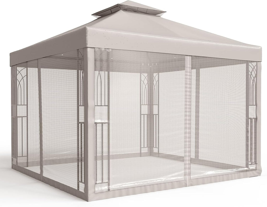 COOS BAY 10x10 Patio Gazebo with Corner Shelves, Two Tier Soft Top Canopy with Mesh Netting for Backyard, Garden, Lawn, Outdoor Events, Beige