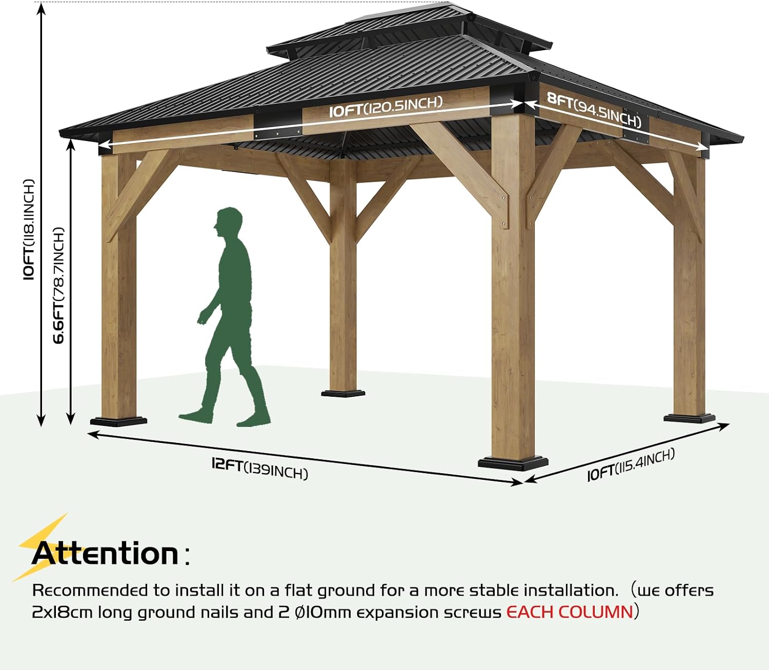 AMERLIFE 10x12 Wood Gazebo, Hardtop Gazebo with Spruce Frame and Double Metal Roof, Outdoor Pergola for Parties, Backyard, Patio, Lawns, Black + Natura Wood