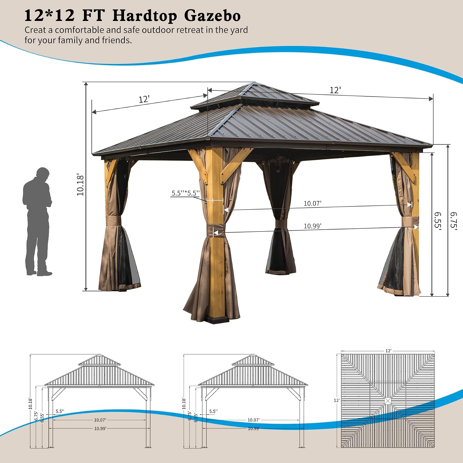 Domi Hardtop Gazebo 12'x12' Cedar Frame Wood Gazebo with Galvanized Steel Double Roof, Outdoor Permanent Metal Gazebo with Curtains and Netting for Patio,Deck,Backyard