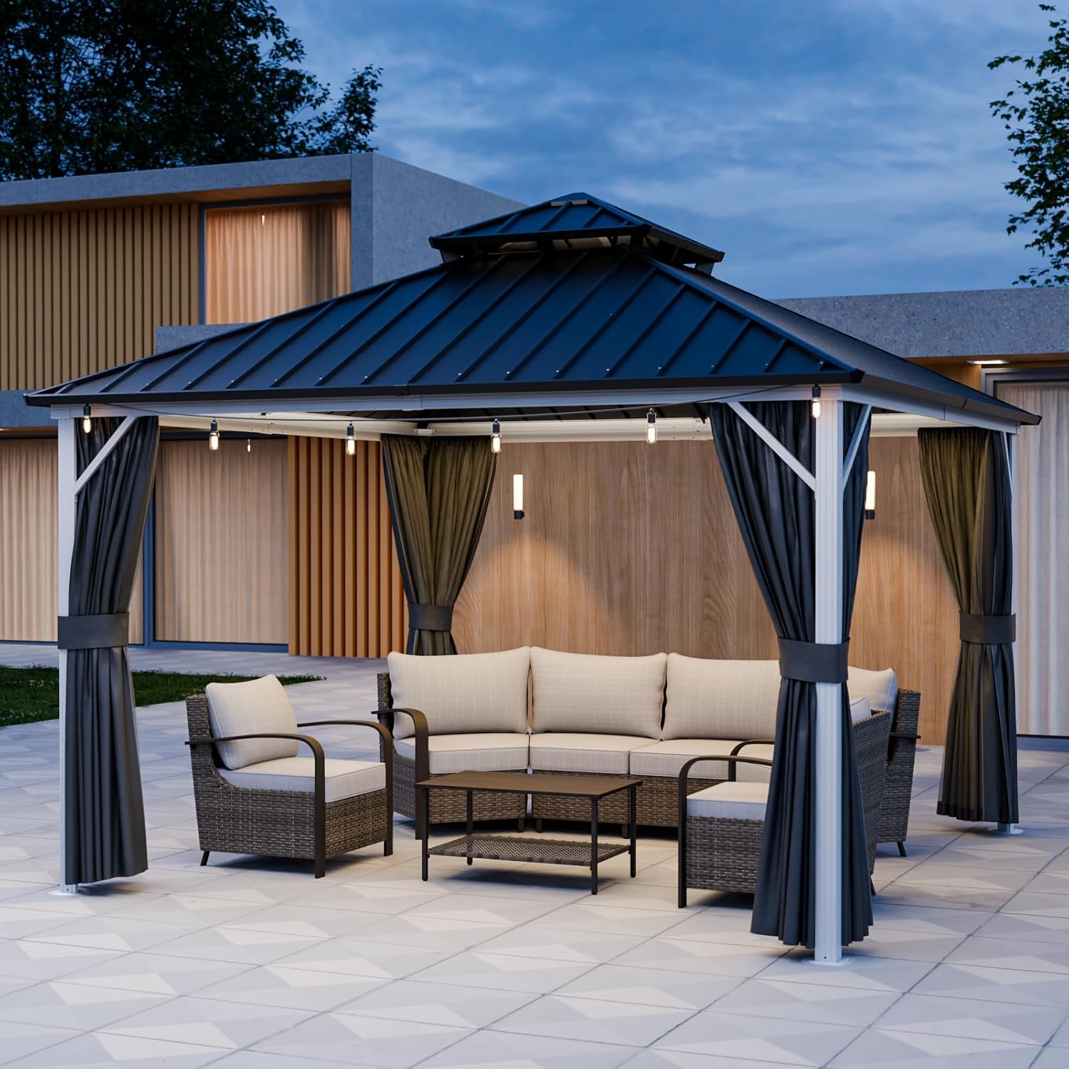 EAGLE PEAK 12x12 Hardtop Gazebo, Galvanized Steel Double Roof with Aluminum Frame, Outdoor Pavilion with Netting and Curtains for Patio, Deck, Lawn and Garden, White/Gray