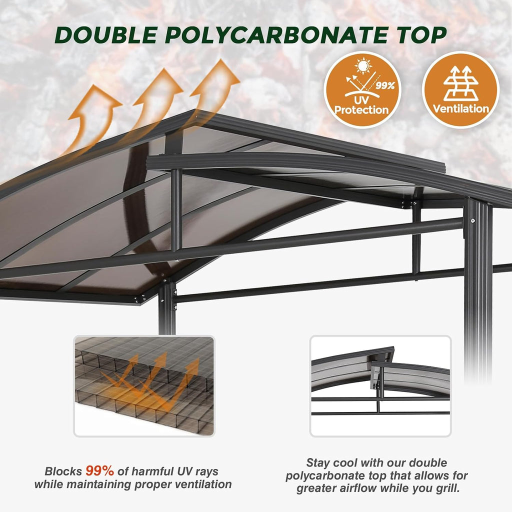 COOS BAY 8x5 Hardtop Grill Gazebo, Outdoor BBQ Canopy, Steel Frame Double-Tier Polycarbonate Roof with Side Shelves, Weather Resistant