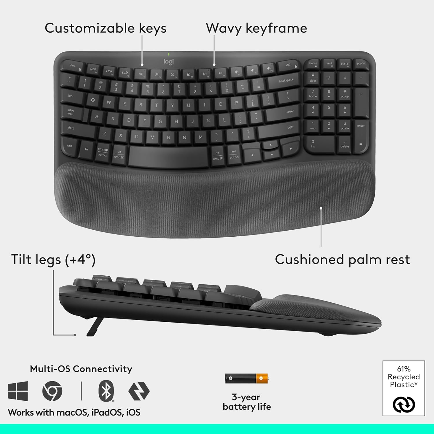 Logitech Wave Keys & Lift Vertical Mouse - Ergonomic Wireless Keyboard and Mouse Combo - with Cushioned Palm Rest, Easy-Switch, Bluetooth, for Multi-OS, Windows/Mac - Graphite