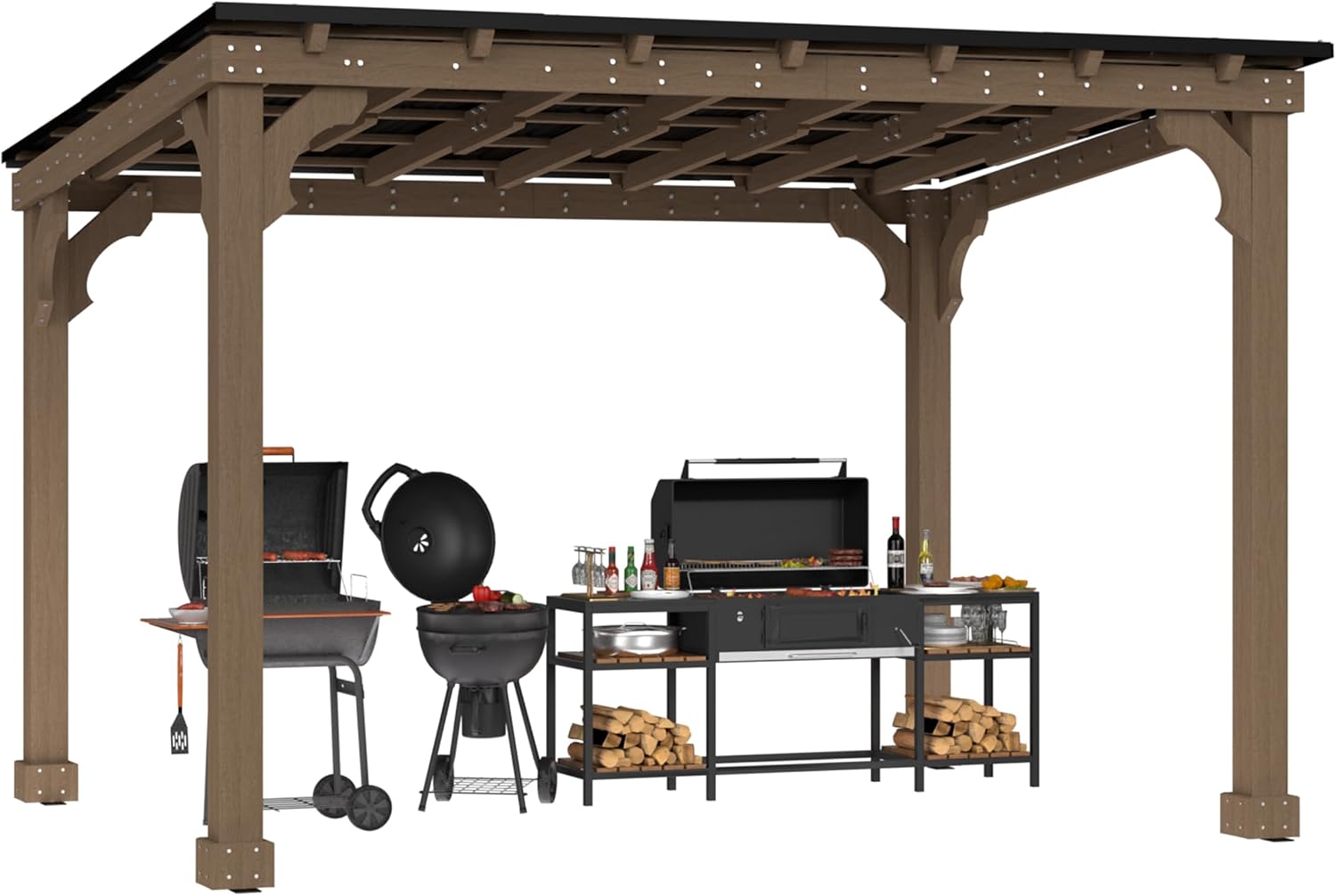 MUPATER 10 x 12 FT Wood Grill Gazebo with Sloping Metal Roof, Hardtop BBQ Gazebo with 5.5' Posts, Heavy-Duty Wooden Frame, Outdoor Bar Gazebo for Patio, Lawn, Garden, Brown
