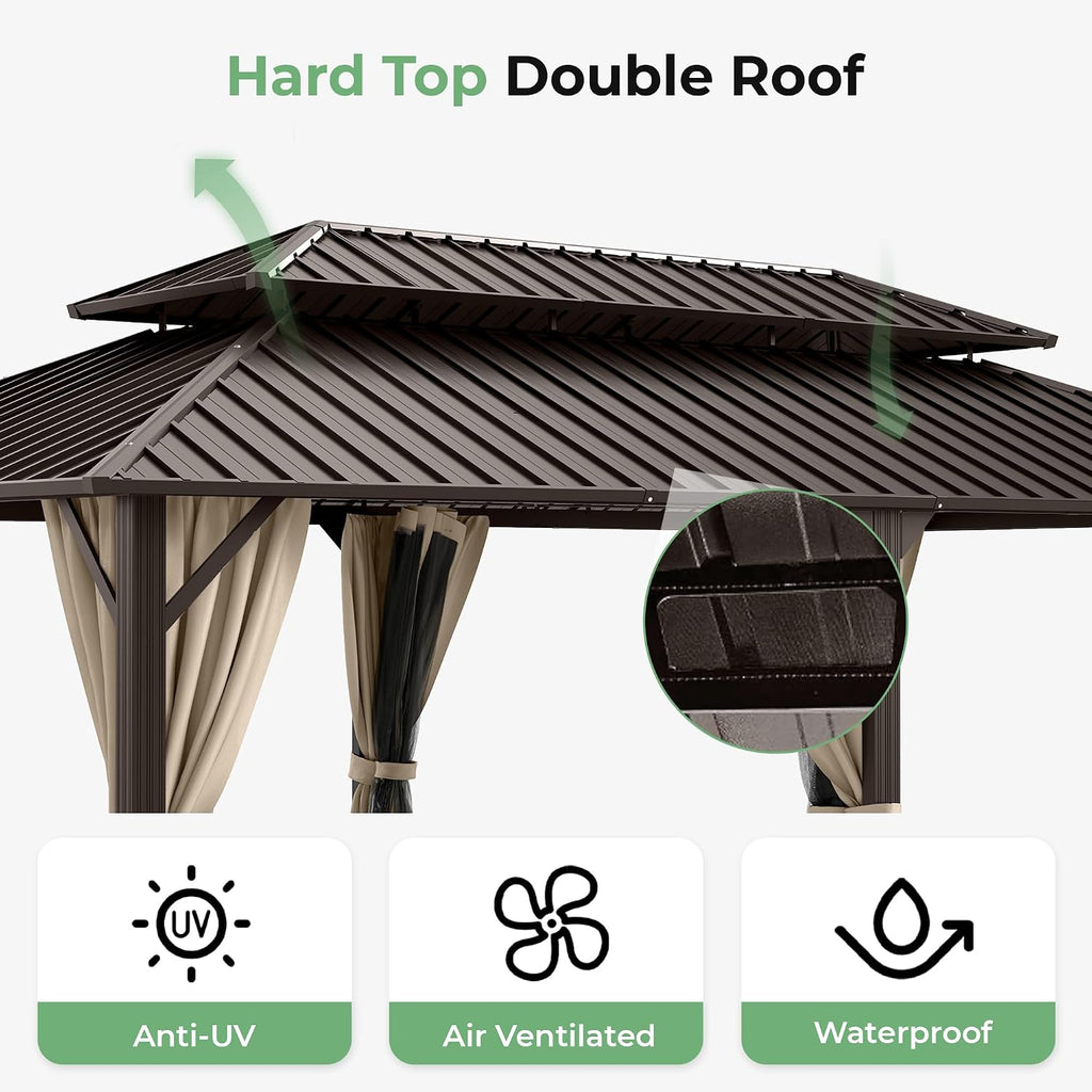12' x 20' Hardtop Gazebo, Aluminum Frame with Double Galvanized Steel Roof,Permanent Outdoor Gazebo with Netting and Curtains for Backyard, Garden, or Deck, Brown