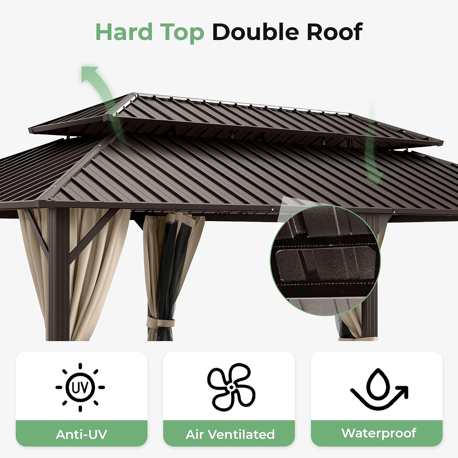 12' x 20' Hardtop Gazebo, Aluminum Frame with Double Galvanized Steel Roof,Permanent Outdoor Gazebo with Netting and Curtains for Backyard, Garden, or Deck, Brown
