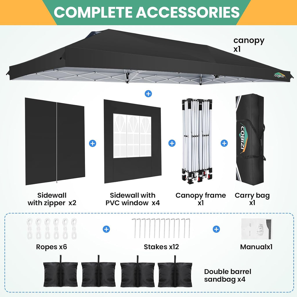 COBIZI 10x20 Pop Up Canopy Tent, One Push Easy Up Gazebo with 6 Removable Sidewalls & Air Vent, Waterproof UV50+ Commercial Canopy with 4 Sandbags, Stakes & Ropes for Parties/Wedding/Backyard, Black