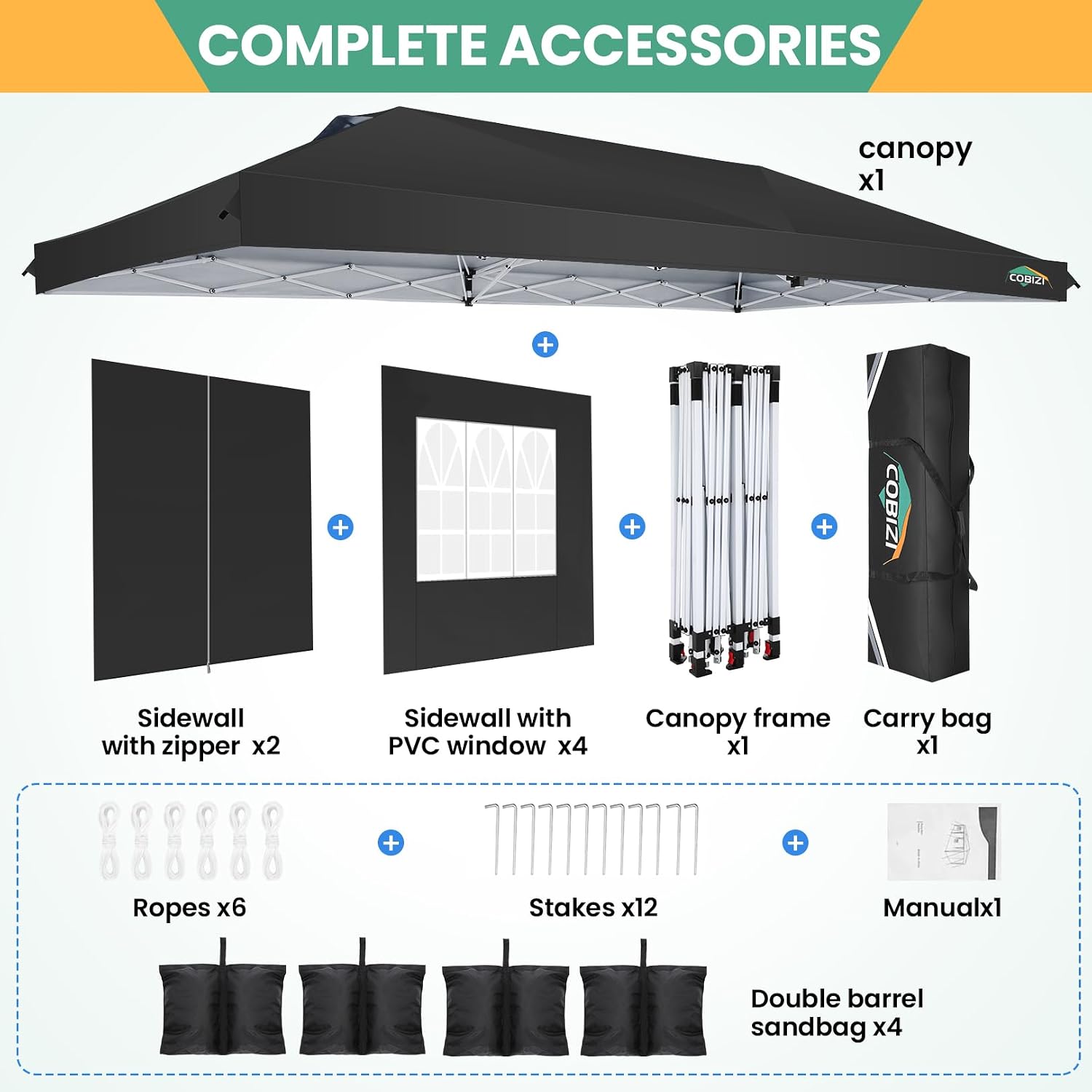 COBIZI 10x20 Pop Up Canopy Tent, One Push Easy Up Gazebo with 6 Removable Sidewalls & Air Vent, Waterproof UV50+ Commercial Canopy with 4 Sandbags, Stakes & Ropes for Parties/Wedding/Backyard, Black