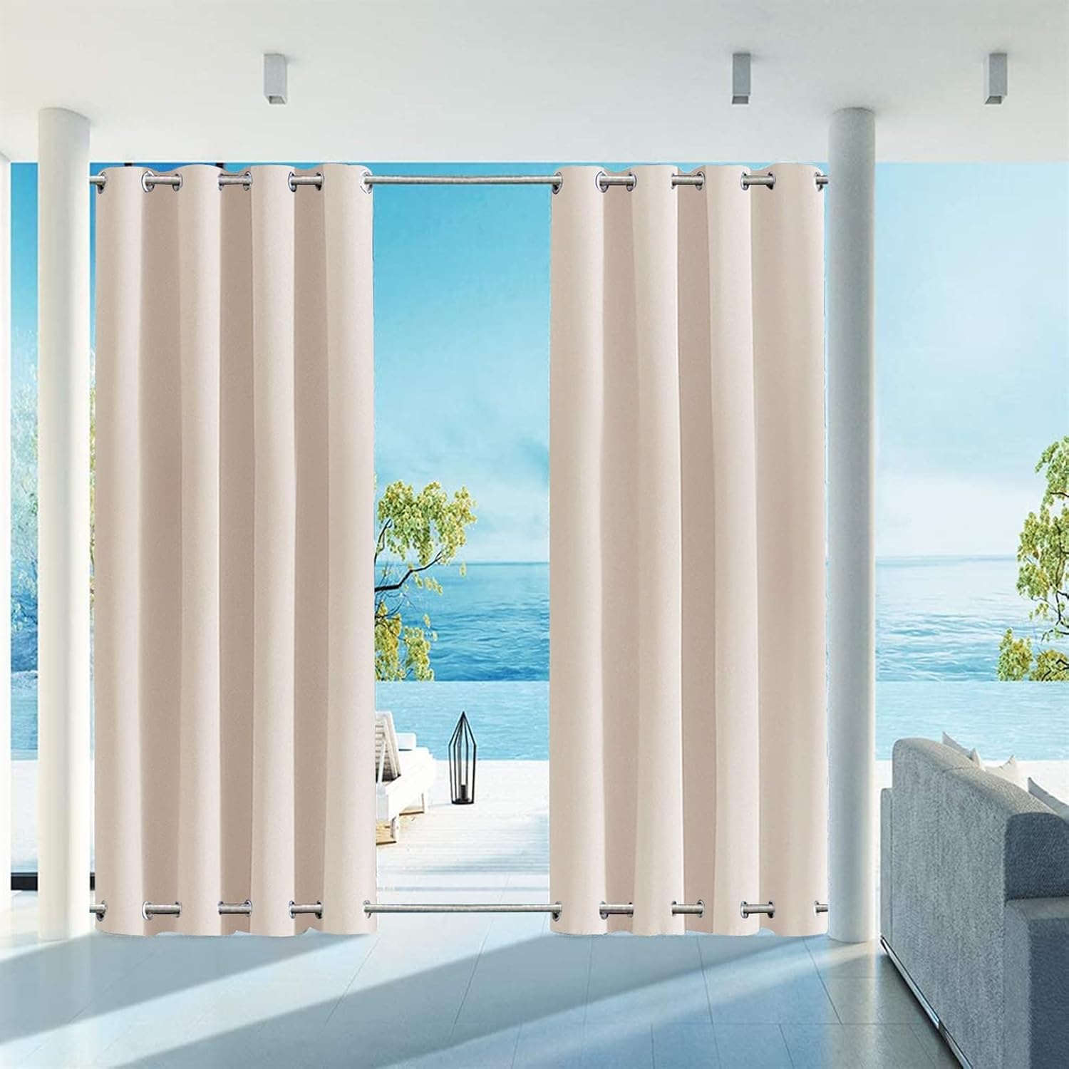 SK Studio Outdoor Curtains for Patio Waterproof Sunlight Block Rustproof Grommet Top and Bottom Windbreak Privacy Curtain for Gazebo, Front Porch, Pergola, 2 Panels, Beige 1, 52' W x 120' L