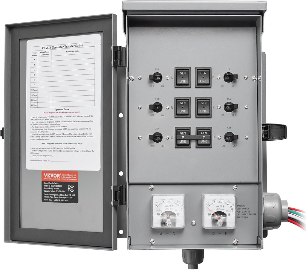 VEVOR Manual Transfer, 30-Amp 6-Circuit, Prewired Generator Transfer Kit with NEMA L14-30P Power Inlet Box, Double-Throw, NEMA 3R, Mechanical Watt Meter, for 7500W Generators
