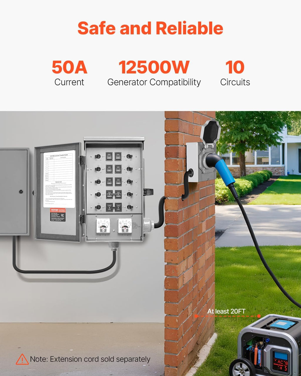 VEVOR Manual Transfer, 50-Amp 10-Circuit, Prewired Generator Transfer Kit with CS6375 Plug Power Inlet Box, Double-Throw, NEMA 3R, Mechanical Watt Meter, for 12500W Generators