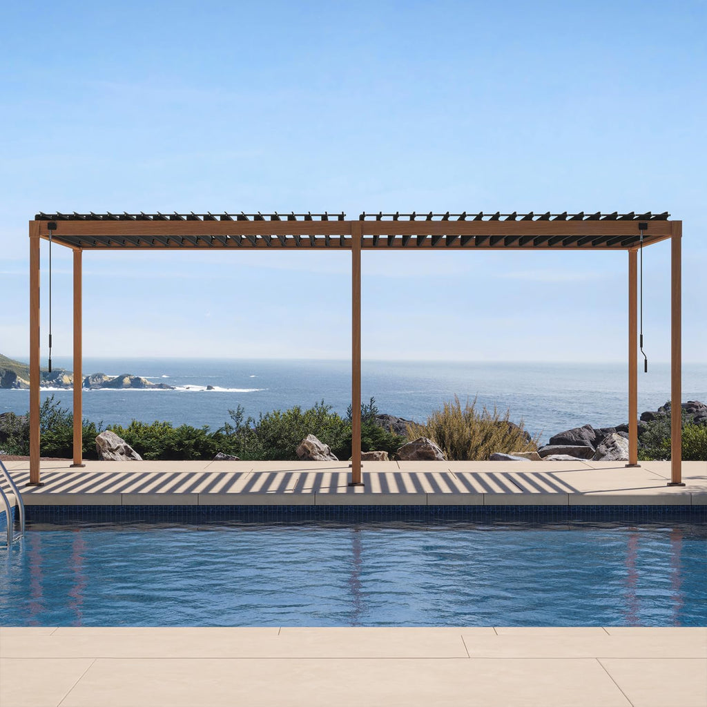 MIRADOR 111S Takasho Louvered Pergola, 10Ft x 20Ft, Full Aluminum Frame, Adjustable Roof for Outdoor Deck Garden Patio, Durable, Cherry Oak