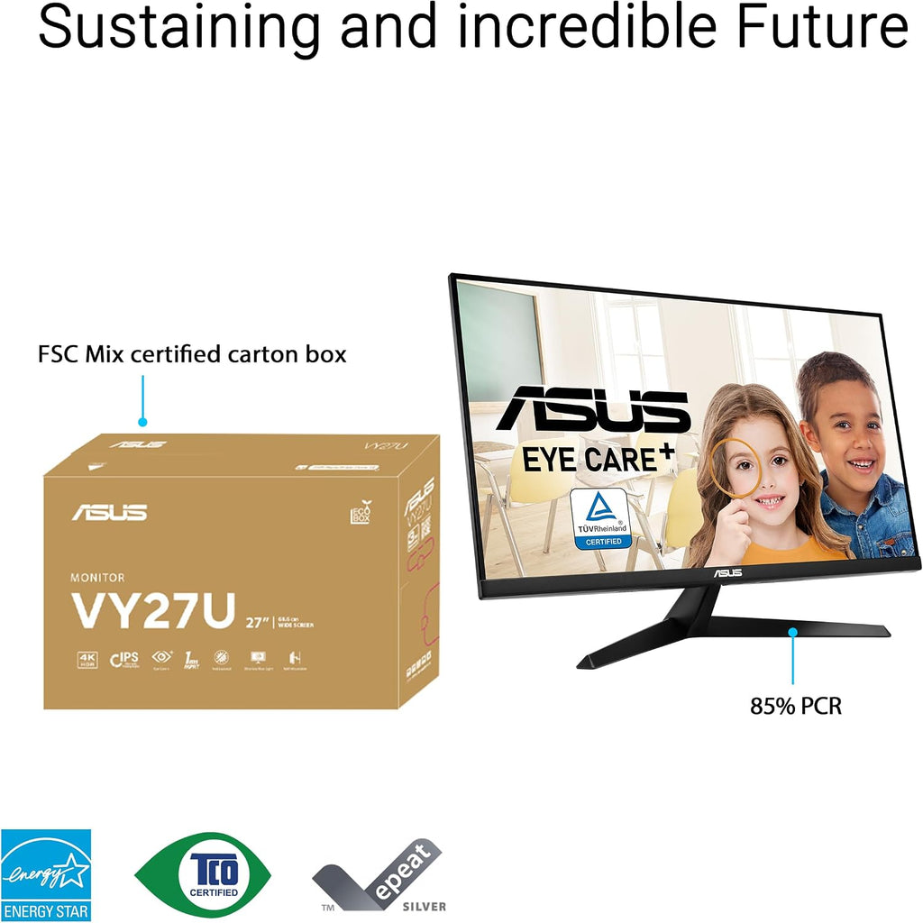 ASUS 27' 4K Eye Care Monitor (VY27UQ) - UHD (3840 x 2160), IPS, HDR10, Adaptive Sync, Eye Care Plus, Display Port, HDMI, Speaker, DisplayWidget, Blue Light Filter, Flicker Free, 3yr Warranty