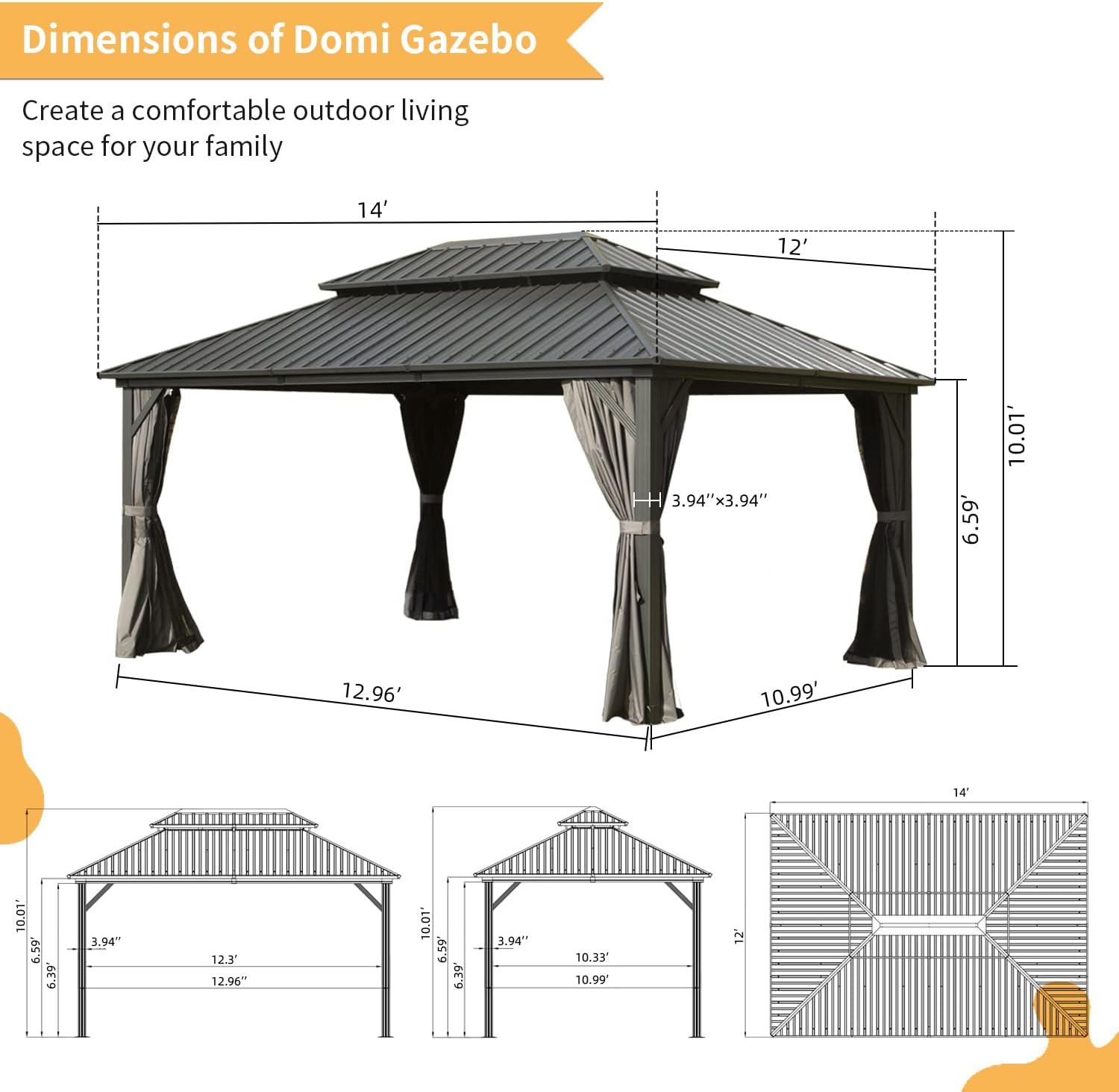 Domi 12' x 14' Hardtop Gazebo Outdoor Metal Gazebo with Galvanized Steel Double Roof Canopy, Curtains and Netting for Patio, Backyard, Deck, Lawn, Grey