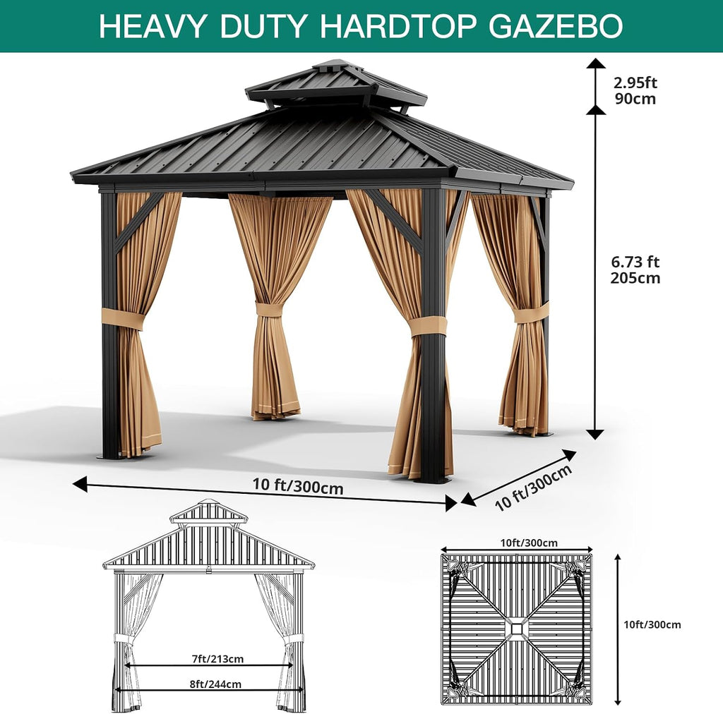 GarveeLife 10x10 ft Hardtop Gazebo, Aluminum Double Roof Gazebos with Netting and Curtains, Outdoor Permanent Gazebo for Garden, Patio, Backyard, Deck, Lawns (Brown, 10x10 ft)