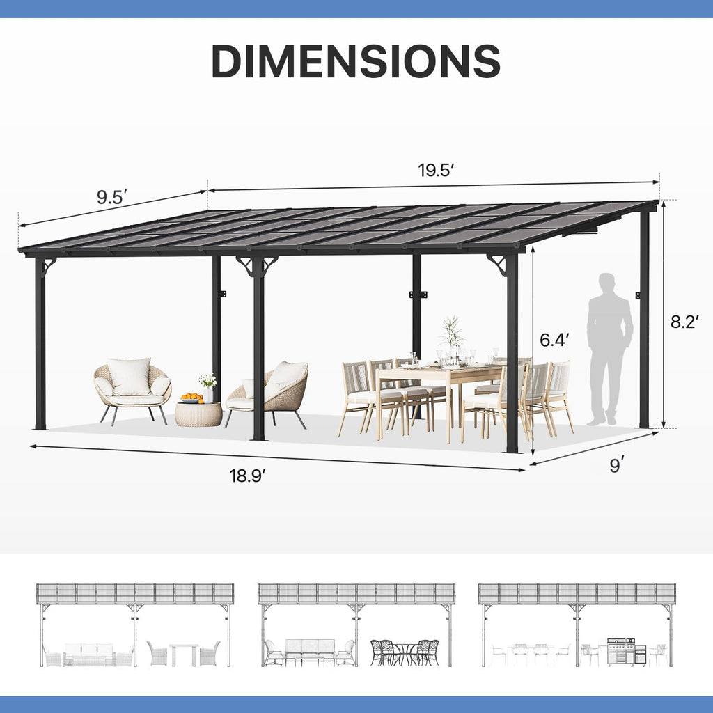 Gazebo for Patio 10' x 20', Gazebo Pergola with Sloped Roof, Large Wall-Mounted Heavy Duty Awnings, for Backyard, Deck, Patio