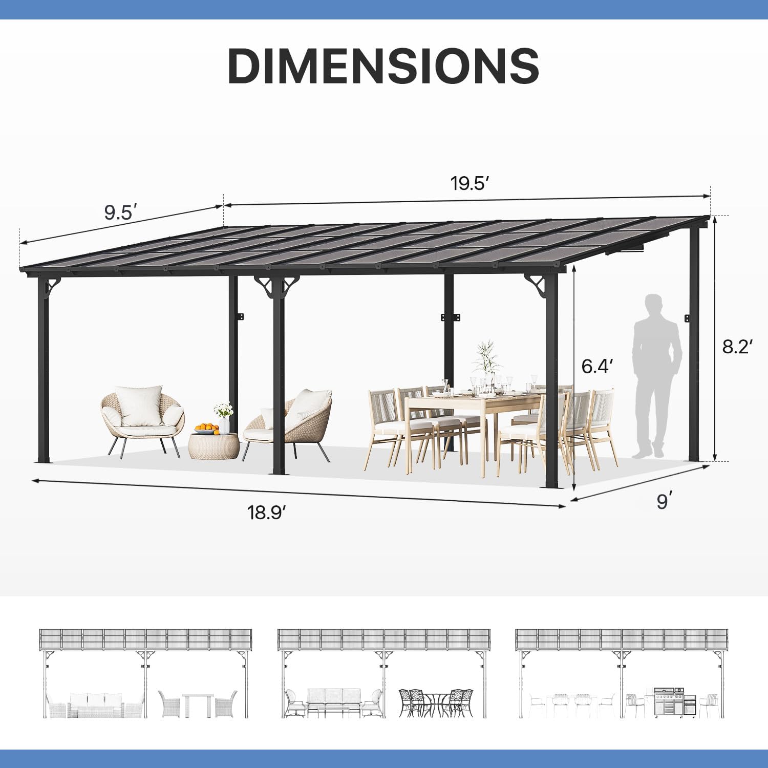 Gazebo for Patio 10' x 20', Gazebo Pergola with Sloped Roof, Large Wall-Mounted Heavy Duty Awnings, for Backyard, Deck, Patio