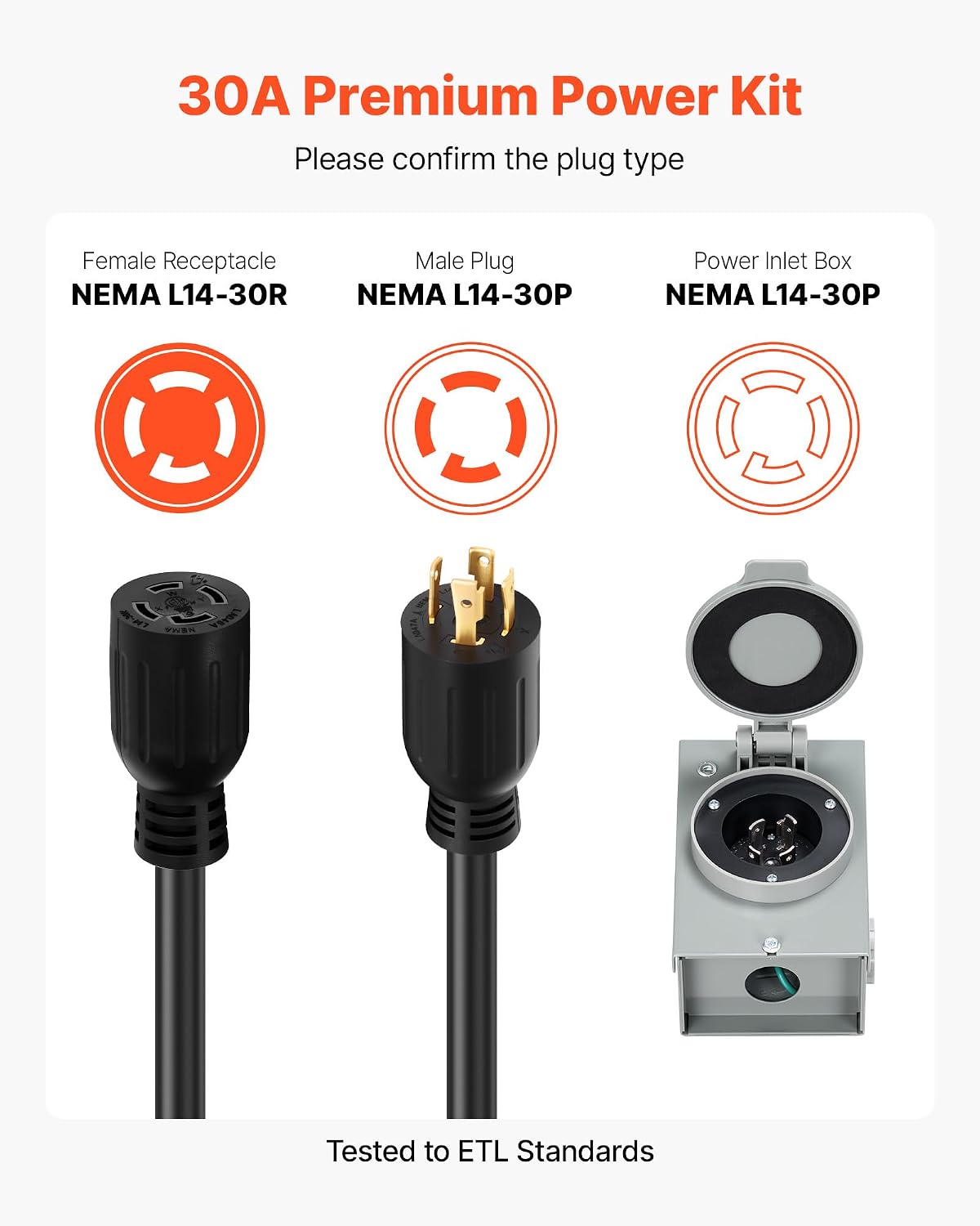 VEVOR 30 Amp Generator Cord and Power Inlet Box, 75 FT, 125/250V NEMA L14-30P to L14-30R Heavy Duty Extension Power Cord, SJTW 10 Gauge 7500W, Pre-Drilled Inlet Box, for Generator to House, ETL Listed