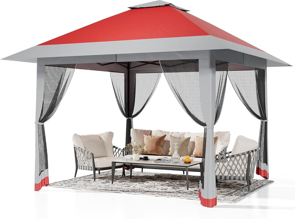 13x13ft Popup Hexagonal Gazebo with Mosquito Net, Adjustable Outdoor Hexagonal Canopy with Portable Handbag for Garden/Backyard/Patio - Gray (Red)