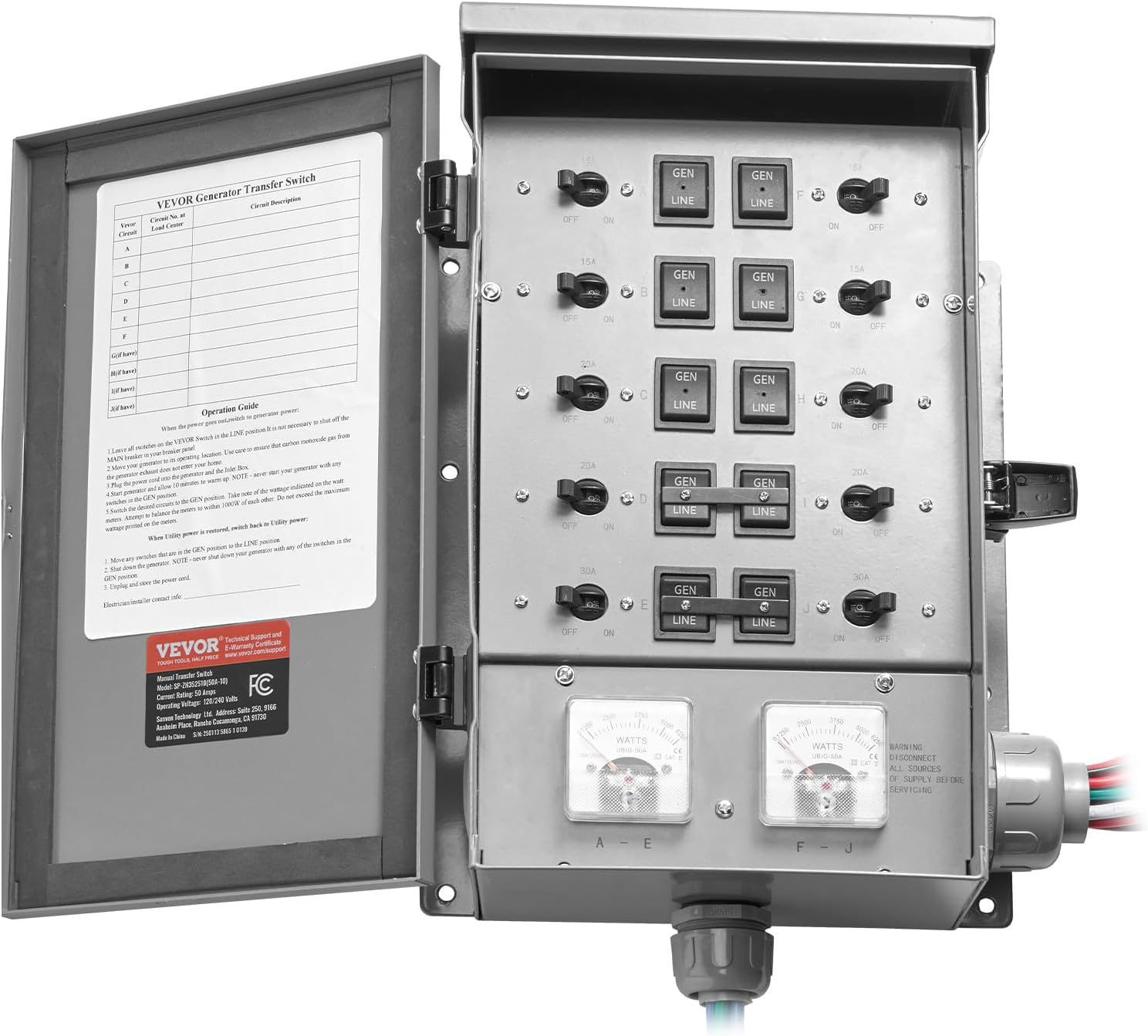 VEVOR Manual Transfer, 50-Amp 10-Circuit, Prewired Generator Transfer Kit with CS6375 Plug Power Inlet Box, Double-Throw, NEMA 3R, Mechanical Watt Meter, for 12500W Generators