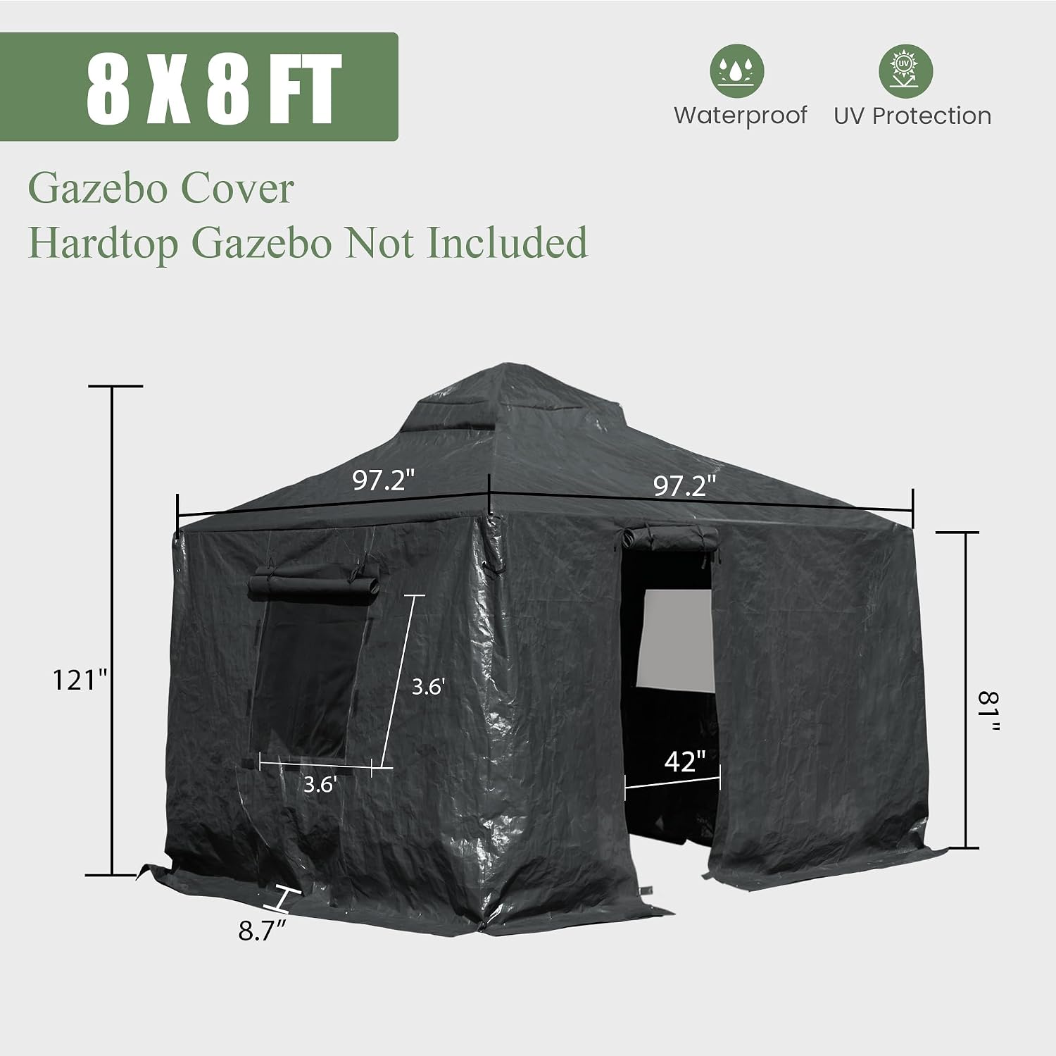 Domi 8' x 8' Winter Gazebo Cover, All Season Universal Waterproof Enclosed Cover with Sidewalls & Mesh Windows for Hardtop Gazebos, Heavy Duty All-Weather Outdoor Protection (Grey)