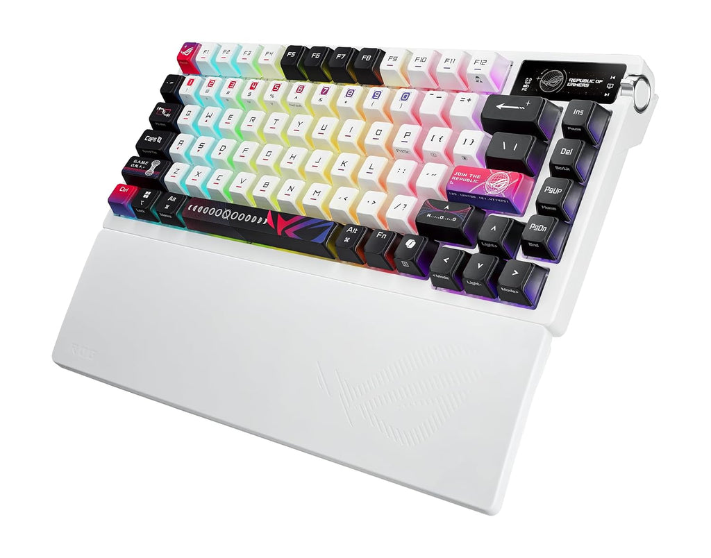 ROG Azoth X 75% custom gaming keyboard, hot-swappable Storm V2 Switches, gasket mount, dampening foam, FR4 plate, south-facing PCB, tri-mode connection, OLED display, control knob, wrist rest, Mac