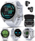 Garmin Fenix 8 – 43 mm, AMOLED Multisport GPS Smartwatch, Silver with Whitestone Silicone Band, Built-in LED Flashlight Black Earbuds Bundle