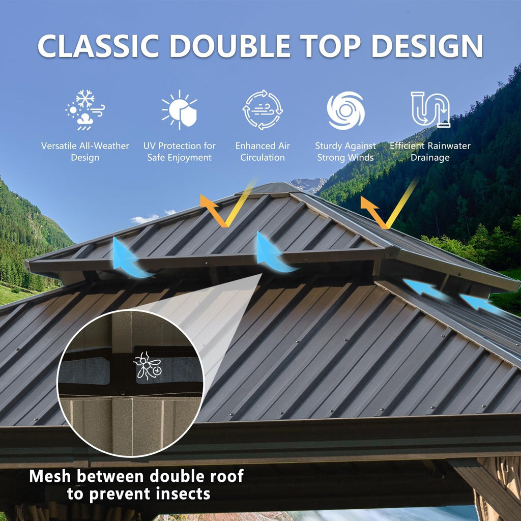 12' x 14' Hardtop Gazebo Outdoor Aluminum Gazebos with Galvanized Steel Double Canopy for Patios Deck Backyard,Curtains&Netting by domi outdoor living