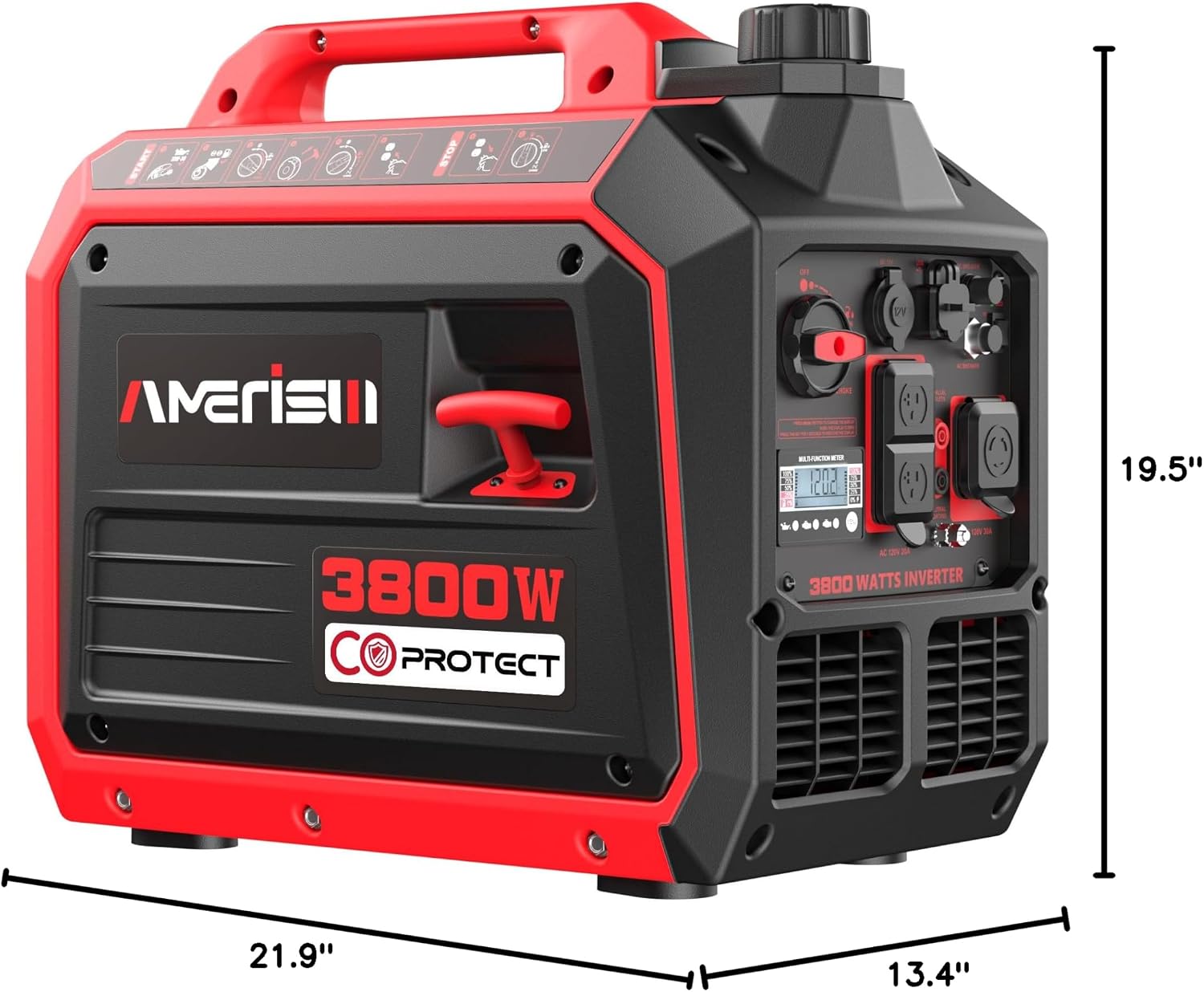 AMERISUN 3800W Portable Inverter Generator with CO Sensor, Quiet and Lightweight Gas Generator for Camping, Home Use, RV Ready 30A Outlet, EPA Compliant