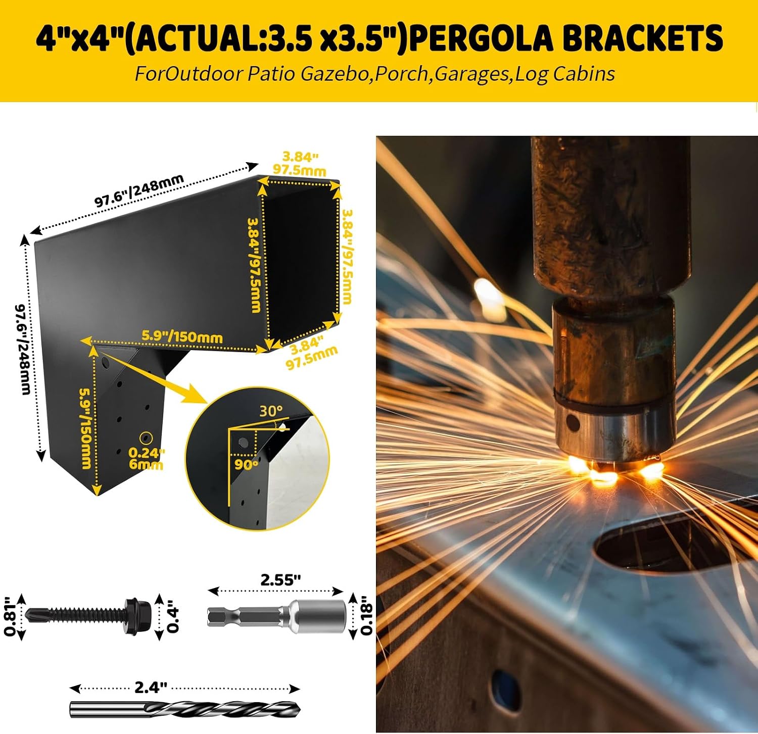 2-Way 30-Degree Slant Pergola Brackets Kit, DIY L-Shaped Woodwork Brackets for 4' x 4' (Actual:3.5'x3.5') Lumber for Patio Pergolas, Gazebos, Log Cabin W/Hardware - 4 Pack
