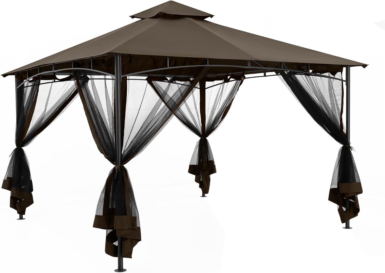 12' X 12' Patio Gazebo with Ventilation Double Roof, Outdoor Gazebo with Removable Mosquito Netting, Easy Up Metal Outdoor Canopy Shelter for Backyard, Garden, Lawn, Brown
