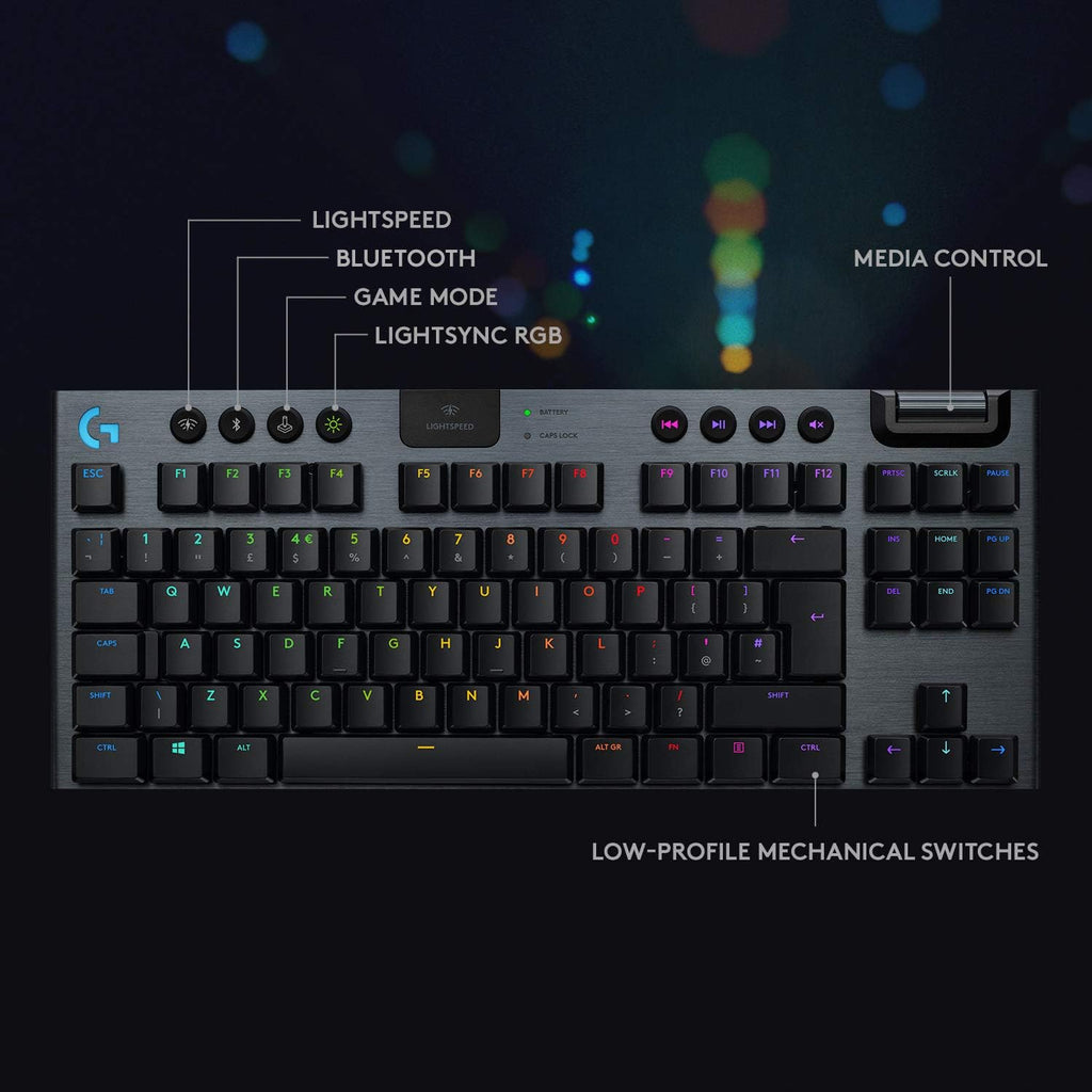 Logitech G915 TKL Tenkeyless Lightspeed Wireless RGB Mechanical Gaming Keyboard, Low Profile Switch Options, Lightsync RGB, Advanced Wireless and Bluetooth Support - Clicky