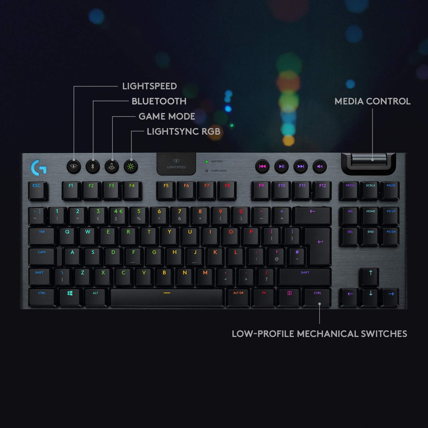 Logitech G915 TKL Tenkeyless Lightspeed Wireless RGB Mechanical Gaming Keyboard, Low Profile Switch Options, Lightsync RGB, Advanced Wireless and Bluetooth Support - Clicky