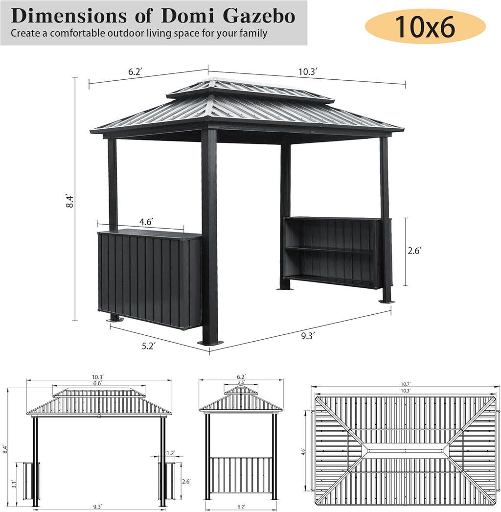 Domi 6'x10' Hardtop Grill Gazebo, BBQ Gazebo for Outdoor Grill with Double Galvanized Steel Roof, Patio Grill Canopy with 2 Cabinets and Ceiling Hooks for Backyard, Lawn, Garden, Gray