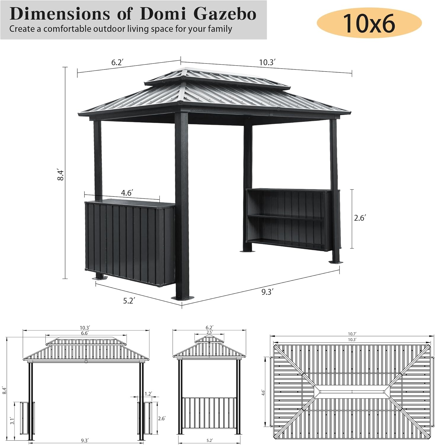 Domi 6'x10' Hardtop Grill Gazebo, BBQ Gazebo for Outdoor Grill with Double Galvanized Steel Roof, Patio Grill Canopy with 2 Cabinets and Ceiling Hooks for Backyard, Lawn, Garden, Gray