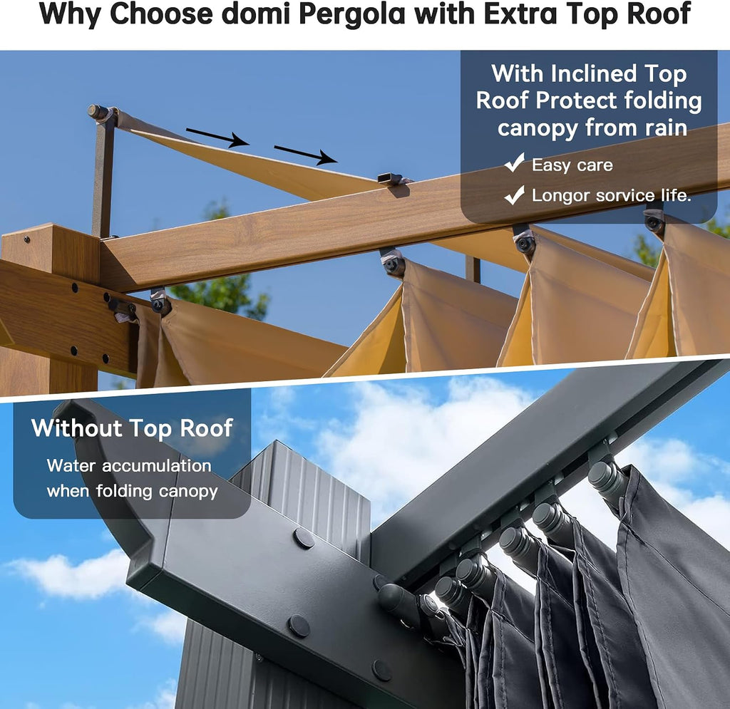 Domi 9' x 13' Outdoor Retractable Pergola Against The Wall with Weather-Resistant Canopy Aluminum Garden Pergola Patio Grill Gazebo for Courtyard(Teak Coated)