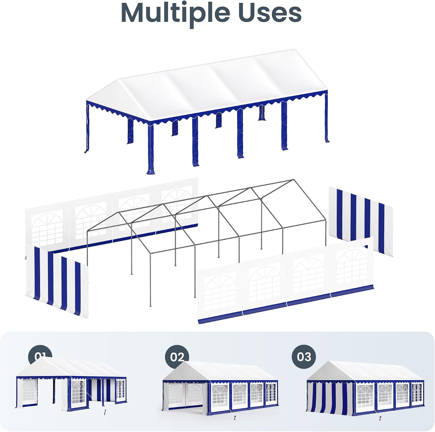 PHI VILLA 13x26 Outdoor Heavy Duty Party Tent, Large Party Canopy Wedding Event Tent with Removable Sidewalls & 3 Storage Bags for Patio Outdoor Garden Events, Blue